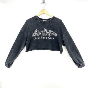 New York City Crop Top Long Sleeve Grey Garage Grunge Indie Sleeze Shirt Size M